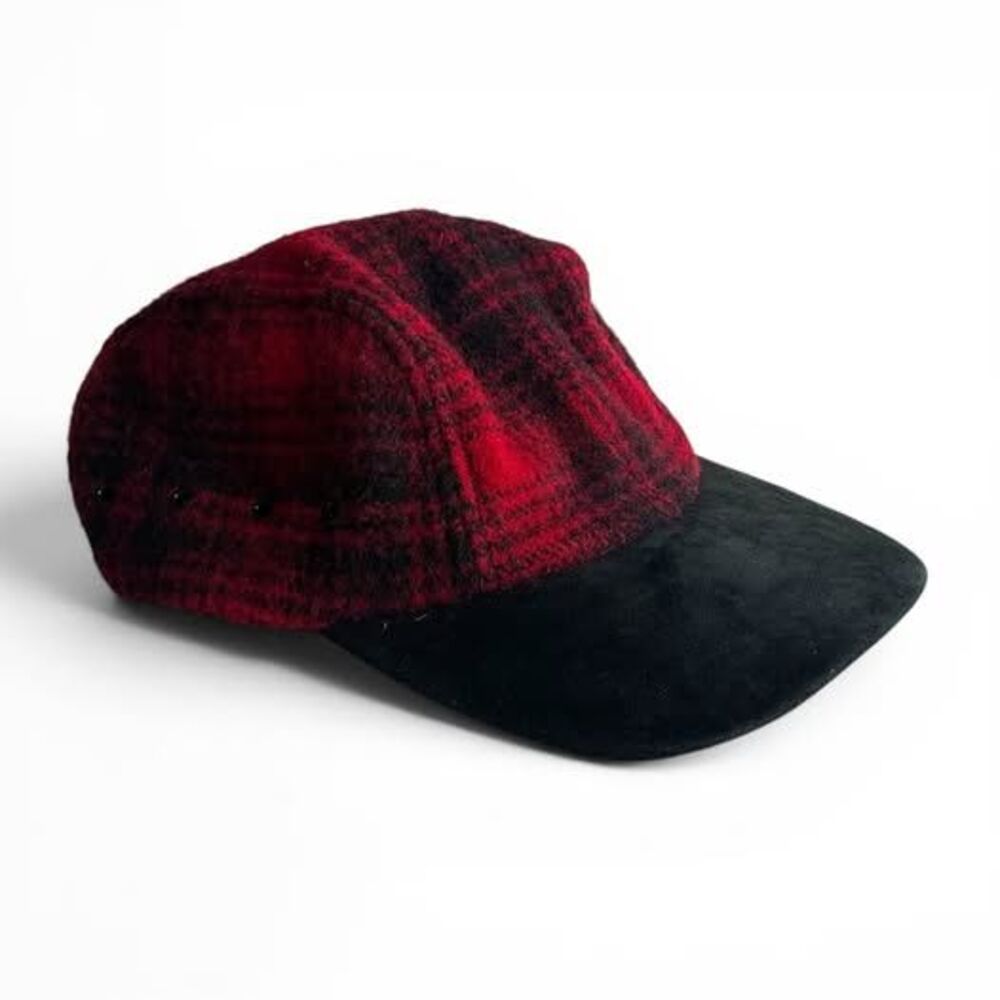Vintage Woolrich 3-Panel Camp Cap Wool & Leather Brim Red/Blk Buffalo Plaid Hat
